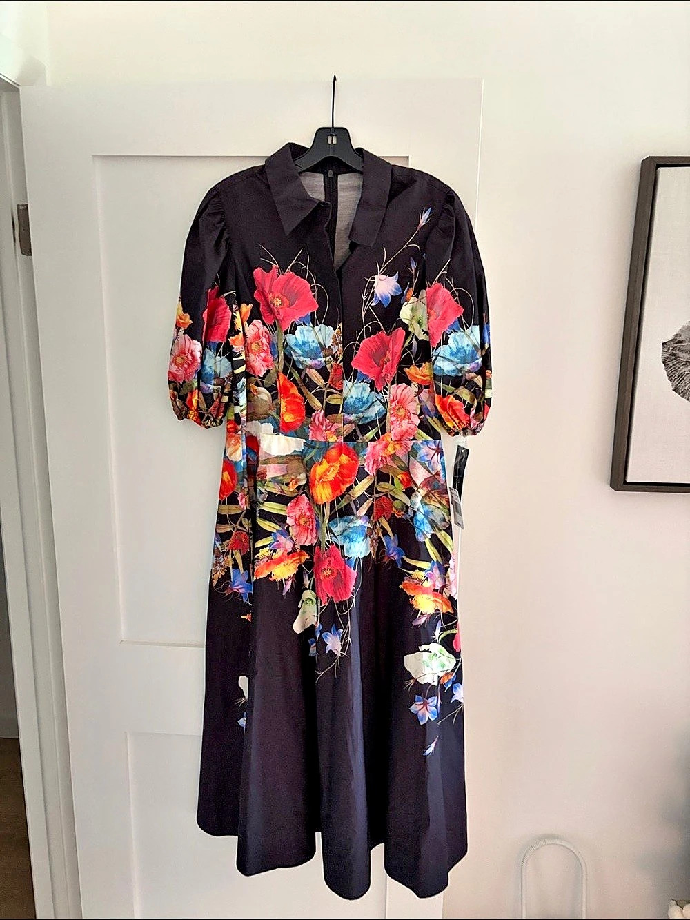Teri Jon Cotton Shirt Dress With Puff Sleeves Floral Midi Size 14